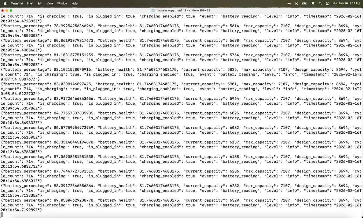 battery-tool running in the terminal, showing structured log output of battery readings during a discharge cycle